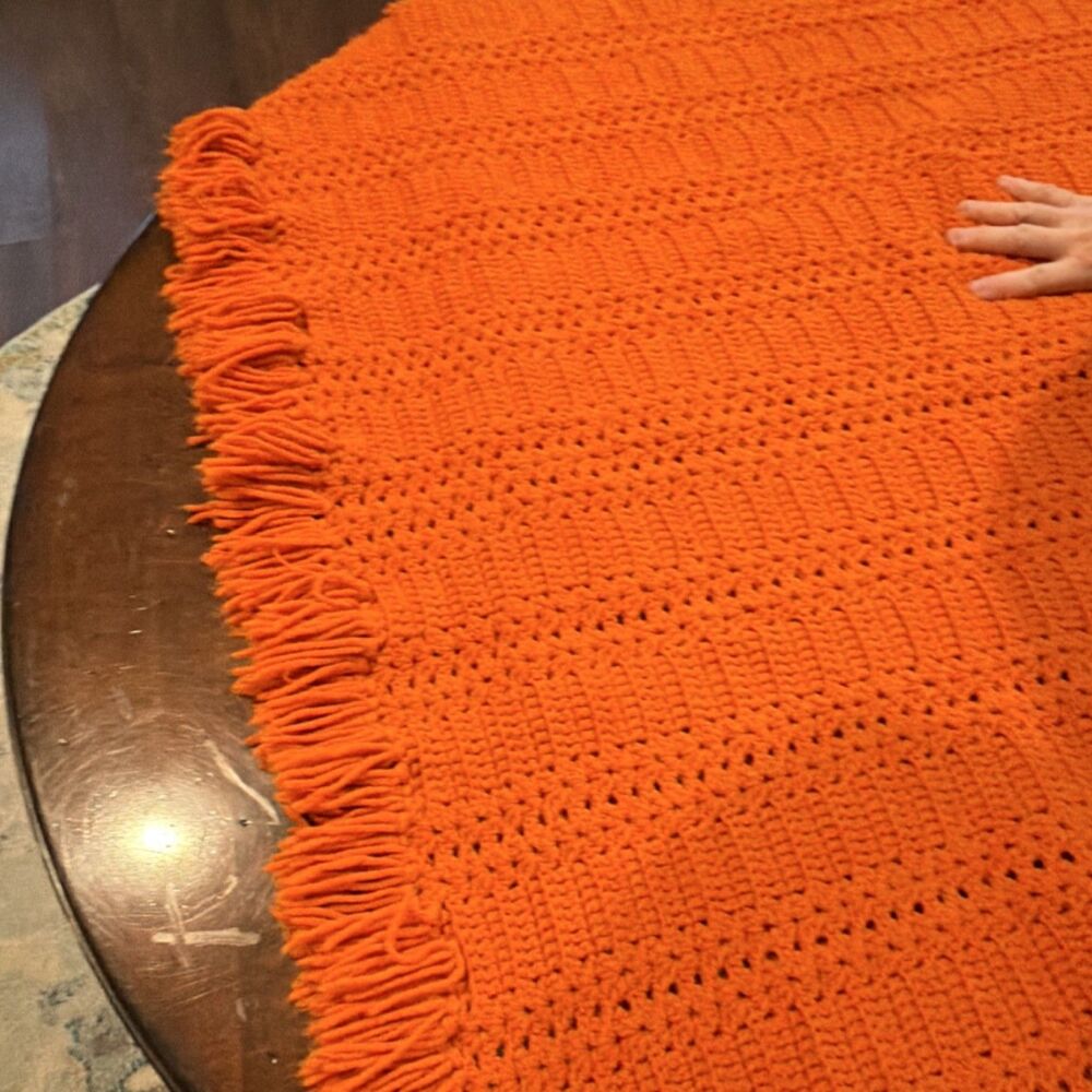 Handmade Crochet Orange Fringed Sofa Throw Blanket Rectangle Solid - Picture 2 of 4